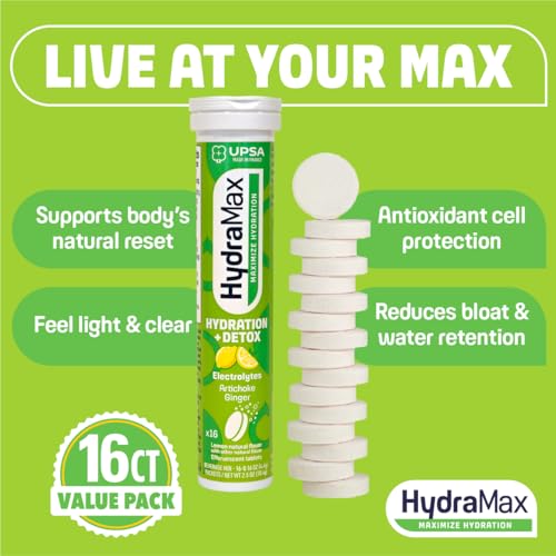 Upsa Hydramax, Hydration+Detox 16 Tablets, 4 Electrolytes, Artichoke & Ginger Extracts + Vitamin C for Natural Detox Support