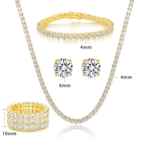 Gemsme 18K Yellow Gold Plated Tennis Necklace/Bracelet/Earrings/3 Row Ring Sets Pack of 4