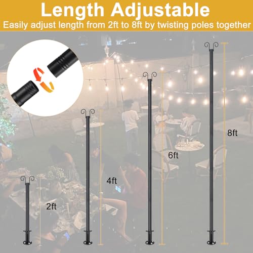 String Light Poles for Outside Deck 2 Pack 8FTHeavy Duty Metal Garden Outdoor Light Poles for Solar String Light Bulbs Han...