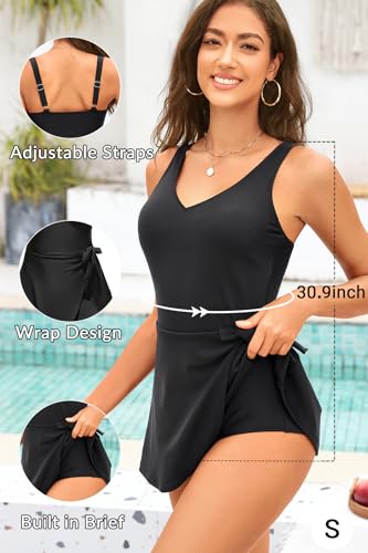 Yonique One Piece Swimdress for Women – Tummy Control Swimsuit with Skirt 2026 V Neck Wrap Tie Side Bathing Suit Dress