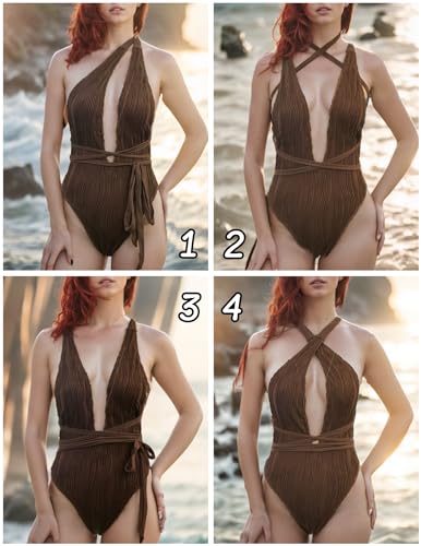 ZAFUL Women's One Piece Swimsuit Deep V Neck Ribbed Self Tie Sexy High Cut Bathing Suit Crisscross Back Swimwear