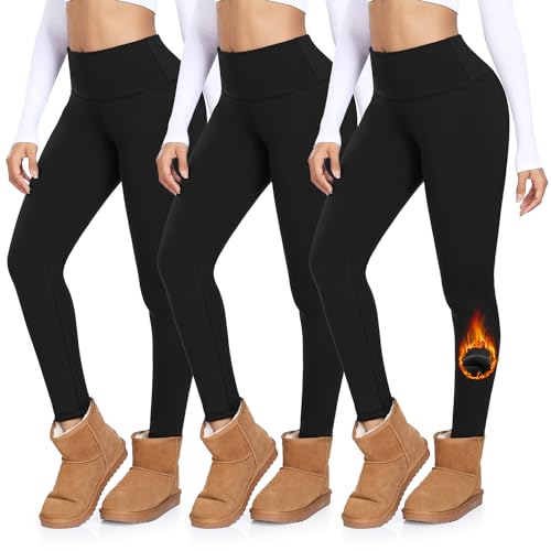 MOREFEEL 3 Pack Thermal Fleece Lined Leggings Women,High Waisted Tummy Control Warm Winter Yoga Workout Thick Pants