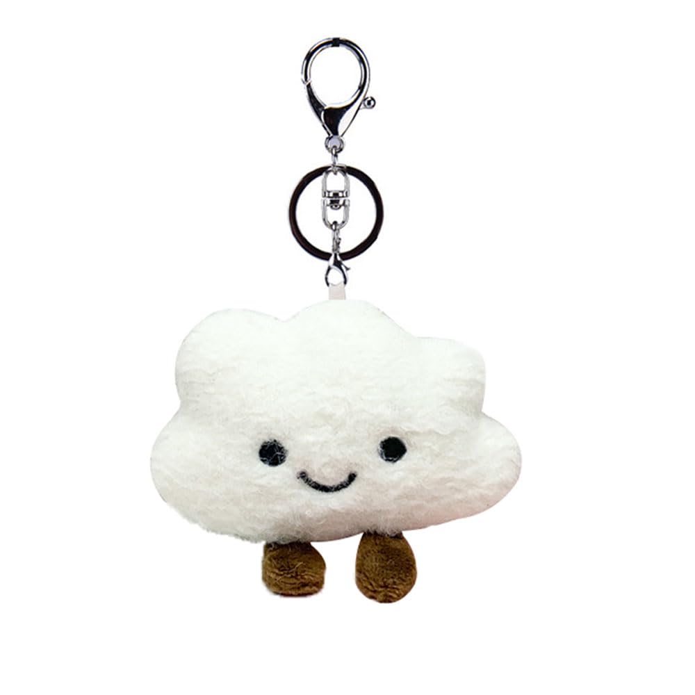 HSYHERE Super Cute Kawaii Smiling Face Happy Cloud Lucky Plush Cloud Baby Keychain, Funny Good Luck Cloud Key Chain Valentine Lovers Christmas Birthday Gift Keyring Bag Pendant Car Key Ring -White