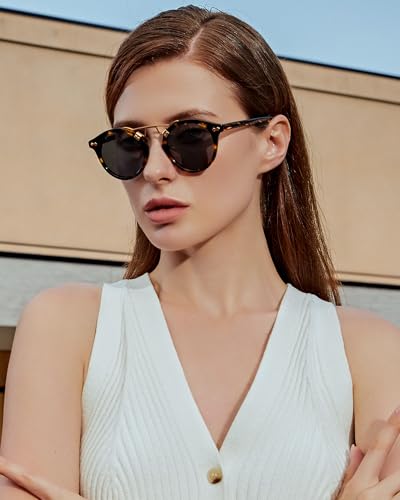 CARFIA Small Face Acetate Polarized Sunglasses for Women UV Protection, Retro Double Bridge Eyewears Metal Brow Round Sunnies