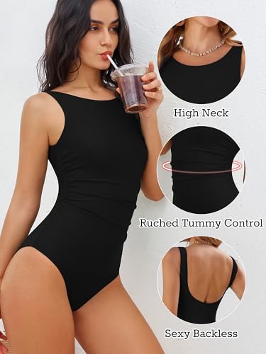 ANRABESS Women Swimsuits One Piece Tummy Control Full Coverage Backless Bathing Suit Ruched Swim Suit Beach Vacation Swimwear