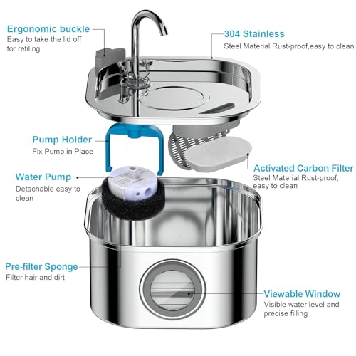 NautyPaws Cat Water Fountain Stainless Steel: 108oz/3.2L Automatic Pet Water Fountain - Dog Water Dispenser with Water Lev...