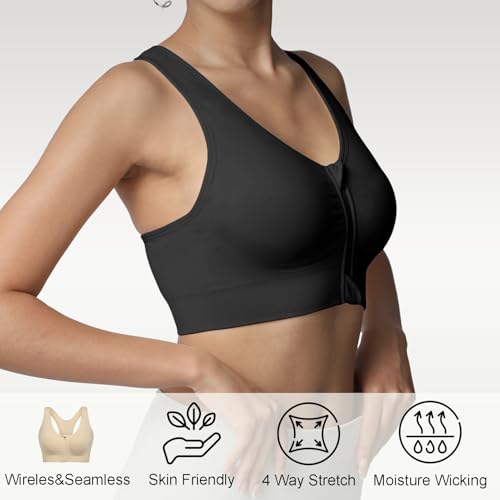 Lemef Front Zipper Sports Bras for Women Wirefree Post Surgery Bra Front Closure Racerback Compression Mastectomy Bras