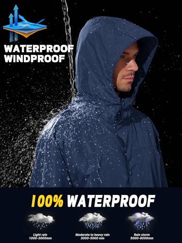 UIQUR Men's Rain Jacket Lightweight Long Raincoat Hood Rain Poncho Waterproof Windbreaker Cycling Running Hiking Packable