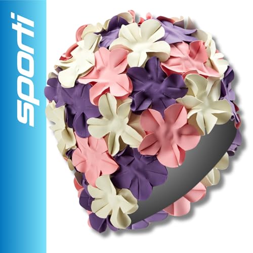 Sporti Flower Swim Cap - Swim Cap for Women- Stylish, Heavy-Duty Rubber, Hair Protection - Ideal for Water Enthusiasts