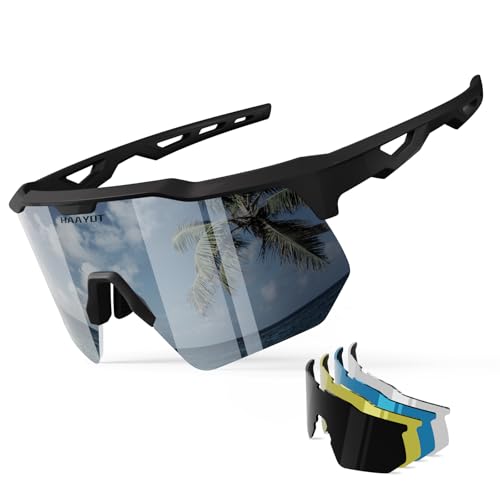 HAAYOT Polarized Cycling Glasses,Sports Sunglasses for Men Women,Baseball Biking Running Sunglasses 5 Lenses Black Mirror ...