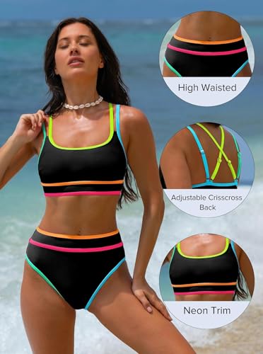 popvil Women's High Waisted Bikini Sets Neon Two Piece 2026 Swimsuit Sporty Adjustable Straps Bathing Suit