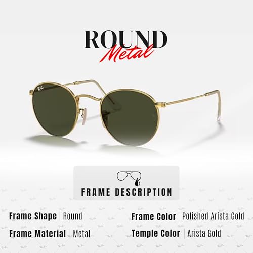 Ray-Ban RB3447 ROUND METAL Sunglasses with Polished Arista Gold Frame With Solid G-15 Green 50mm Lenses Includes an Offici...