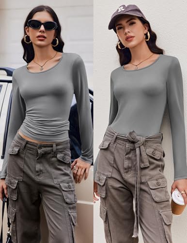 Ekouaer Long Sleeve Shirts for Women 3 Pack Scoop Neck Fitted Tops Thermal Undershirt Stretch Base Layer Soft Tee XS-XXL