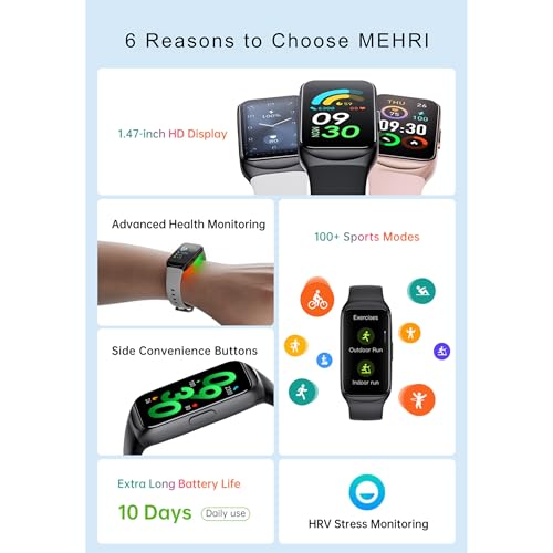 MEHRI Fitness Tracker - Smart Watch with 24/7 Heart Rate, Blood Pressure & Oxygen, Sleep & Stress Monitoring, IP68 Waterpr...
