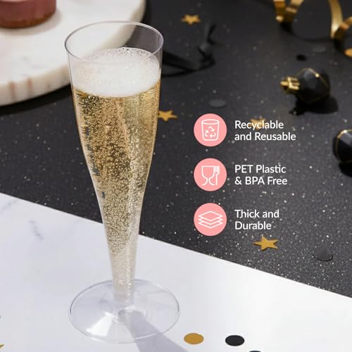 Prestee Set of 24 Clear Plastic Champagne Flutes - 4.5 oz Capacity Shatterproof Disposable Glasses - Suitable for Wedding...