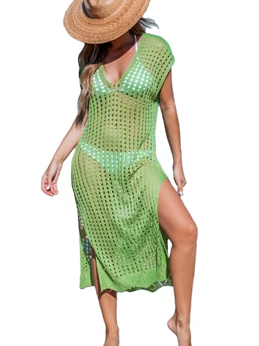 CUPSHE Crochet Cover Ups for Swimwear Women Cap Sleeve Hollow Out Swim Coverup Beach Midi Dress Spring Green, L
