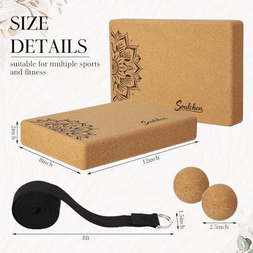 Soulchen 5 Pack Yoga Accessories for Women Set Yoga Block 2 Pack with Strap Massage Ball for Meditation Pilates Cork Block...