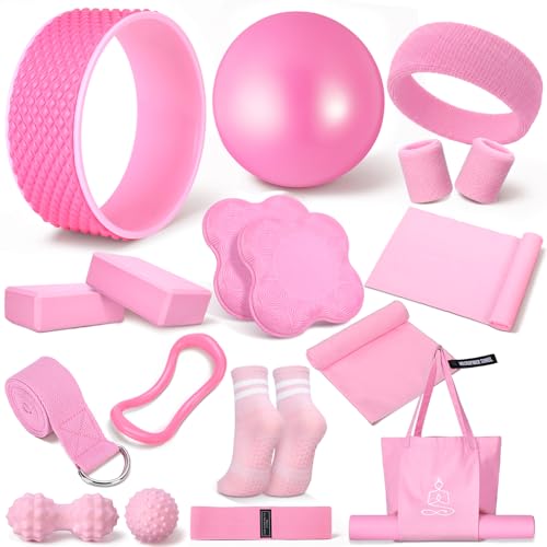 Gemscream 17 Pcs Yoga Essential Kit for Women, Pilates Equipment Starter Set for Beginners with Yoga Wheel Ball Blocks Str...
