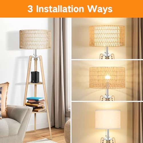 OUTON Rattan Tripod Floor Lamp, Dimmable with Remote Control, Wood, Modern Design for Living Room, Bedroom, Office