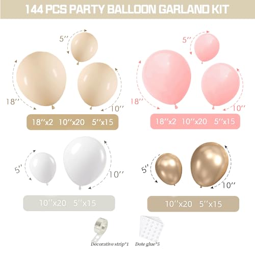 Pink Gold White Balloon Arch Kit, Pastel Light Pink and Beige Sand White Gold Chrome Balloon Garland Kit for Girls Women B...