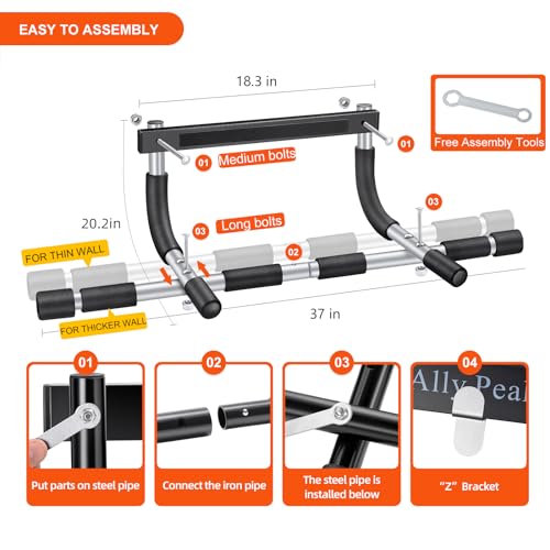 Ally Peaks Pull Up Bar for Doorway | Thickened Steel Max Limit 440 lbs Upper Body Fitness Workout Bar| Multi-Grip Strength...