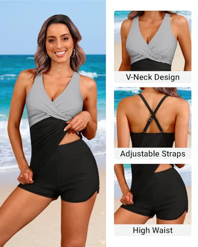 Women Tankini Swimsuits with Shorts - Two Piece Tummy Control Bathing Suits Top with Two Pockets Bottom Swimwear