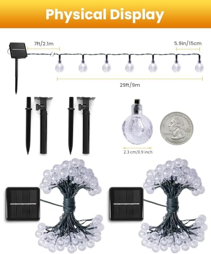 Solar String Lights Outdoor Waterproof, 2 Pack 60 LED 36.5 FT Each, Solar Powered Patio Lights with 8 Lighting Modes for G...
