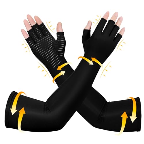 Zuscot Long Copper Compression Arthritis Gloves for Women & Men, Medical Arm & Hand Compression Gloves, Fingerless Pressus...