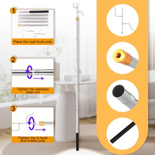 Clothes Hook Pole,29-71 Inch Adjustable Extension with Hook Bar.Suitable for Clothes Hanger Rod, Christmas light, Hanging ...