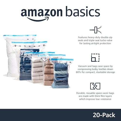 Amazon Basics Vacuum Compression Space Saving Storage Bags with Hand Pump for Travel, Multiple Sizes for Clothes and Blank...