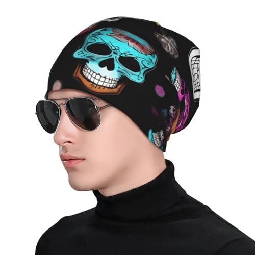 Sugar and Skulls Style Print Soft Beanie Hat for Men Women Warm Fashion Cap for Jogging Cycling Gift Outdoor Use Black