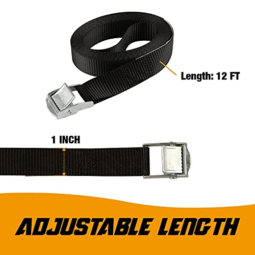 Tumax 6-Pack 1" x 12FT Cam Buckle Tie Down Straps, 900lbs Capacity Lashing Straps for Securing Cargo, Kayak, Canoe, Motorc...