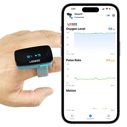LOOKEE Ring Continuous Pulse Oximeter - Wearable Oxygen Monitor with Vibration Reminder for Low O2 - Rechargeable Blood Ox...