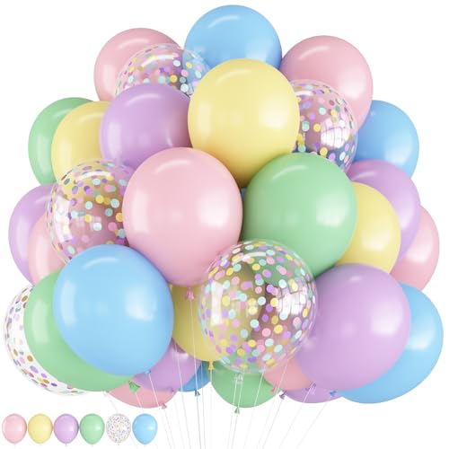 HILAVO Pastel Balloons 12 Inch Macaron Pink Blue Green Purple Yellow Pastel Rainbow Latex Balloon with Colorful Confetti P...