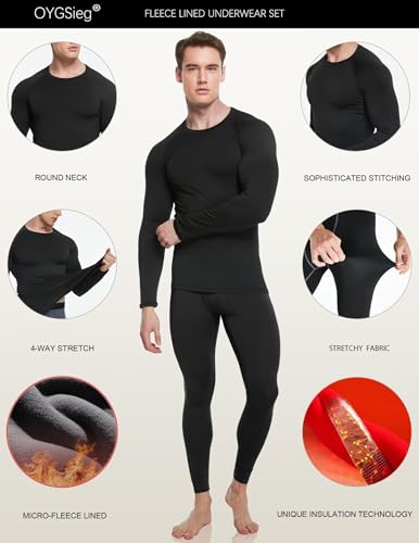 OYGSieg 3 or 2 Set Men's Thermal Underwear Long Johns with Fleece Lined, Thermals for Men Base Layer Cold Weather Top Bottom