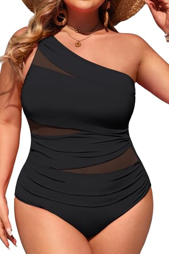 Aqua Eve Plus Size One Piece Swimsuit for Women Tummy Control Bathing Suits One Shoulder Swimwear