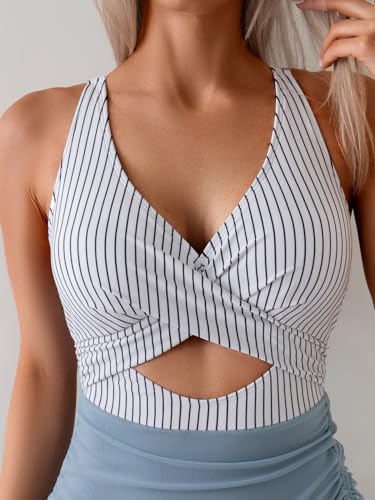 B2prity Women Mesh One Piece Swimdress Swimsuit Tummy Control V Neck Cutout Bathing Suit Wrap Drawstring Sarong Swimwear