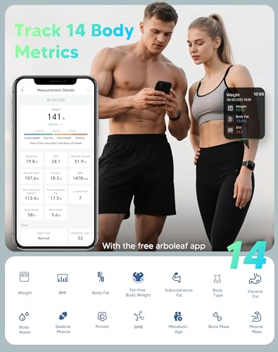 Arboleaf Smart Scale with BMI, Body Fat, Muscle Mass, Digital Bathroom Scale for Body Weight, 14 Body Composition Metrics,...