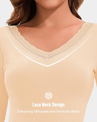 LEYSHE Lace V Neck Thermal Underwear Sets For Women Long Johns Fleece Base Layer Cold Weather Thermal Pajamas Set Top Bottom
