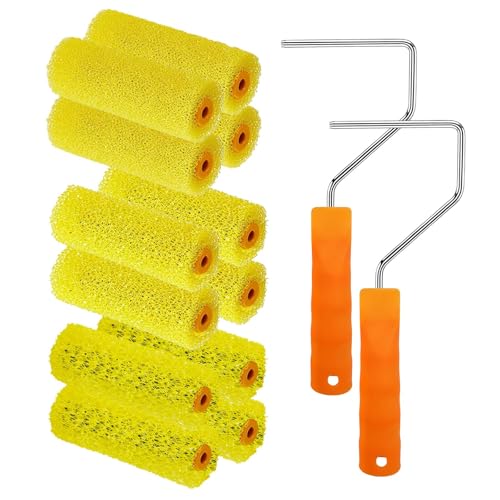 YLTOLOO 12 Pcs Textured Paint Roller Covers with 2 Frames Set, 4 inch 3 Textures Foam Drywall Texture Paint Rollers, House...