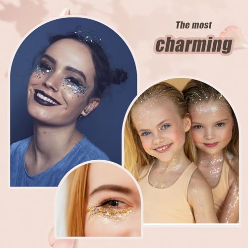 Face Body Glitter, Hair Glitter Sparkles Chunky Face Glitter Gel for Girls Makeup Singer Concerts Mermaid Festival Sequins...