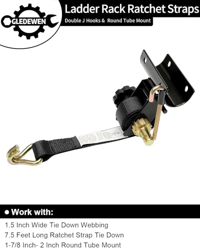 Ladder Rack Ratchet Straps with J-Hook (4PCS), 2" Black Round Tube Mount, 1.5" Wide x 7.5' Long Black Retractable Ratchet ...