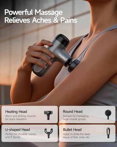 HEYCHY Mini Massage Gun with Heat, Deep Tissue Massage Gun, Portable Percussion Muscle Massager with 4 Massage Heads for A...