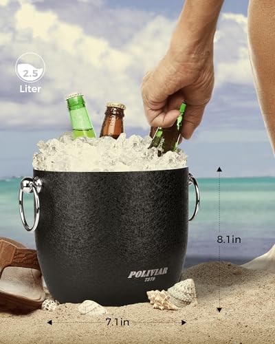 POLIVIAR Ice Bucket, 2.5L Double Wall Ice Bucket with Lid, Stainless Steel Ice Bucket with Tong & Strainer, Ice Bucket for...