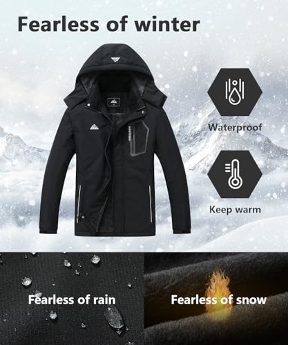 MAOYSSEN Men’s Warm Ski Jacket,Waterproof Fleece Lined Hooded Outdoor Cold Weather Jacket with Multi-Pockets