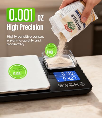Digital Dual Platform Kitchen Scale, 33 lb Large & 1.1 lb Mini Food Scale with Dual-Line LCD Display, Stainless Steel, Hig...