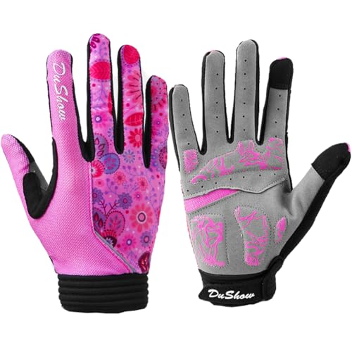 DuShow Bike Gloves for Women Cycling,Pink Floral Workout Gloves Women,Full Finger Biking Driving Riding Gloves for Women,G...