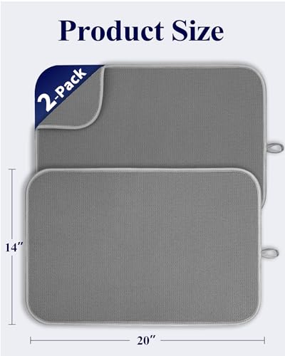 Kitsure Dish Drying Mat - 2-Pack Washable Microfiber Drying Mat for Kitchen Counter, 3-Layer Ultra Absorbent Pad with a Ha...