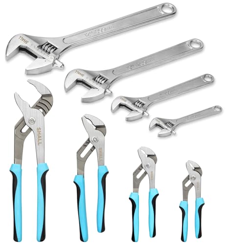 SHALL 8-Piece Adjustable Wrench & Water Pump Pliers Set, 12/10/8/6 Inch, 4Pcs Adjustable Tongue and Groove Joint Pliers an...