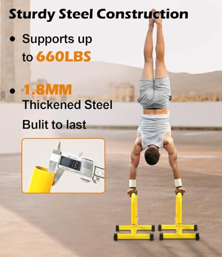 TABEKE Push Up Bar, 14'' High Steel Parallettes & Dip Bar with Full Coverage Foam Handle, Heavy-Duty Calisthenics Parallel...